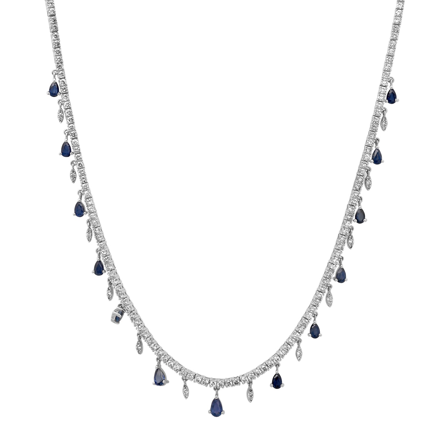 Diamond Tennis Necklace with Diamond & Blue Sapphire Dangles