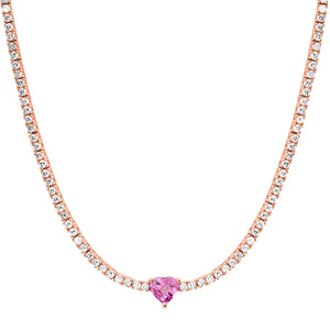 Pink Sapphire Heart & Diamond Tennis Necklace