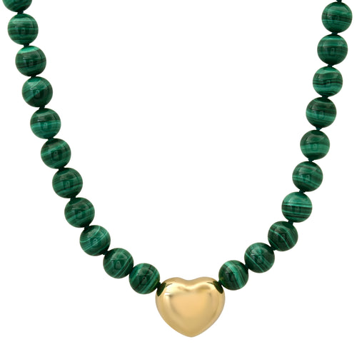 Beaded Malachite Necklace with Green Silk & Puffy Polished Heart