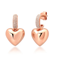 Pave Diamond & Puffy High Polish Heart Drop Earrings