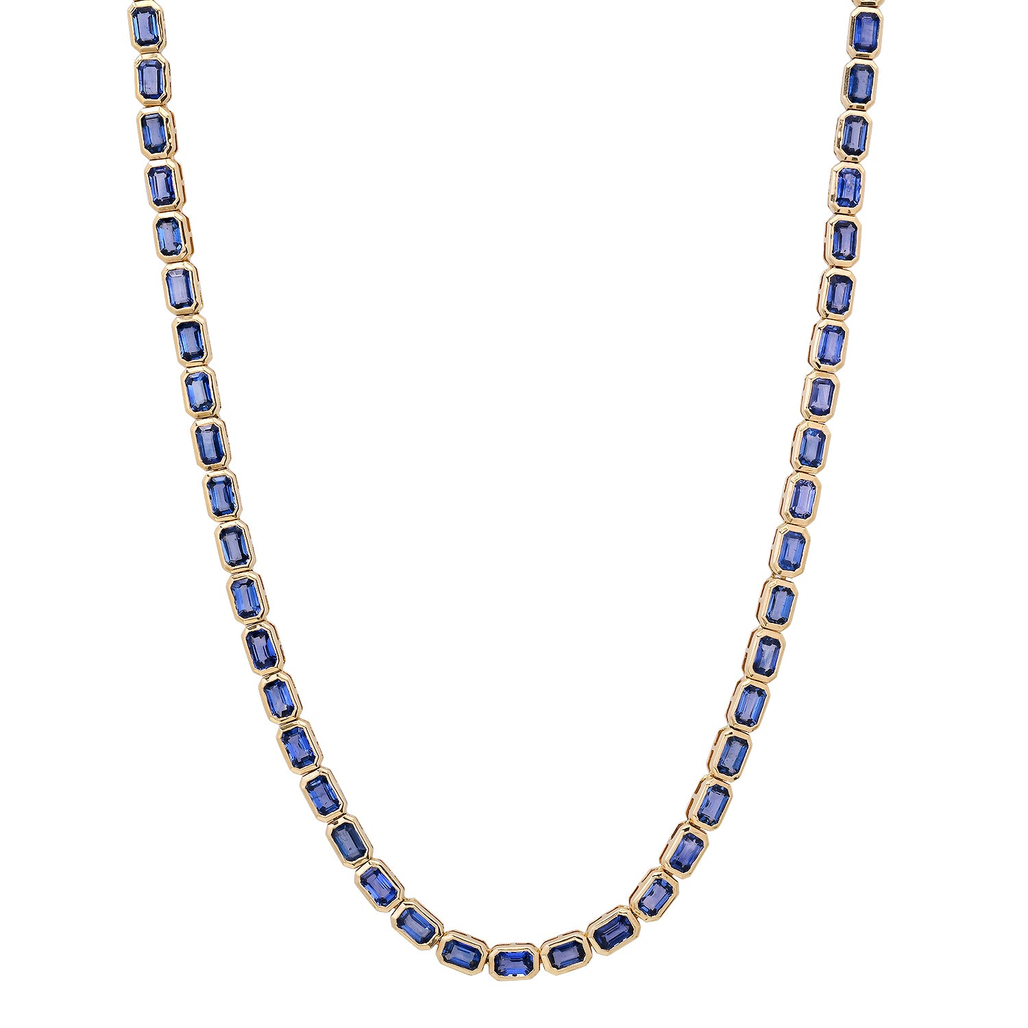 East West Emerald Cut Blue Sapphire Bezel Tennis Necklace