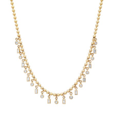 Gold Ball Chain Necklace with Round & Emerald Cut Diamond Shakers
