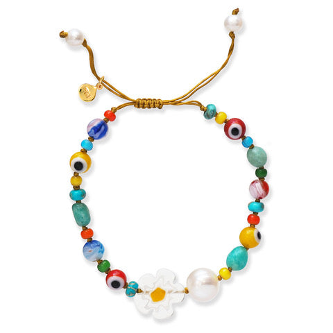 Skinny Pearl Evil Eye Flower Bracelet