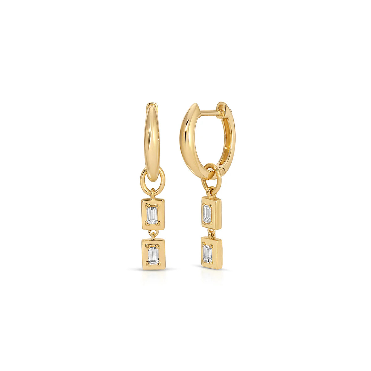 Gold Frame Double Baguette Diamond Huggie Hoop Earrings