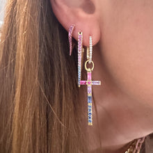 Elongated Double Sided Diamond & Sapphire V Hoop Earring