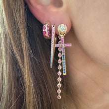 Elongated Double Sided Diamond & Sapphire V Hoop Earring
