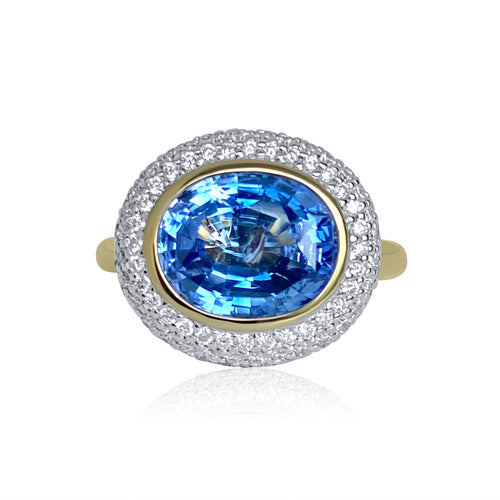 Lotus East West Ceylon Blue Sapphire Oval Solitaire & Emerald Petals Ring