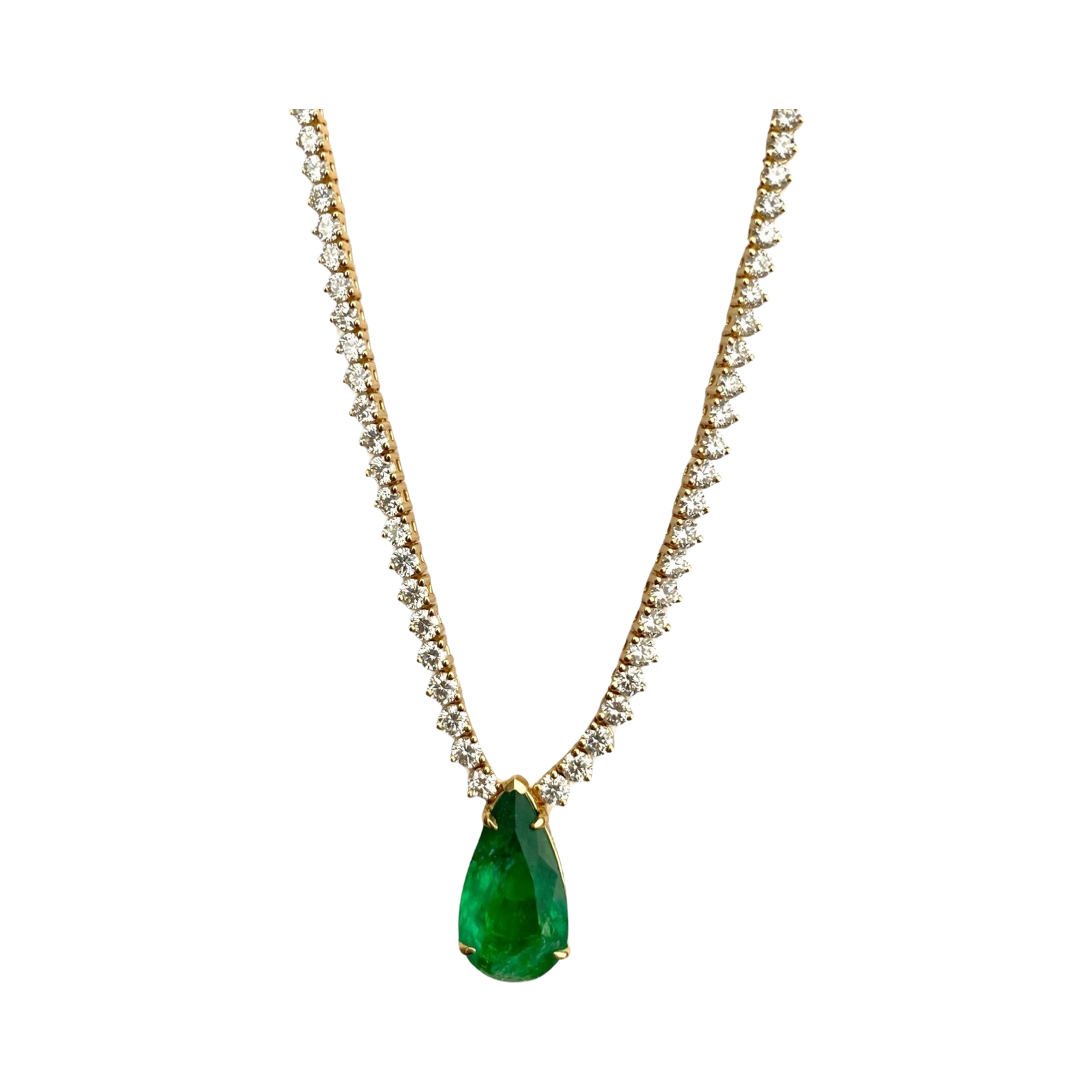 Emerald Teardrop Pendant on Graduated Diamond Tennis Necklace