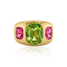 Elongated Cushion Cut Peridot & Pink Tourmaline Chunky Nomad Ring