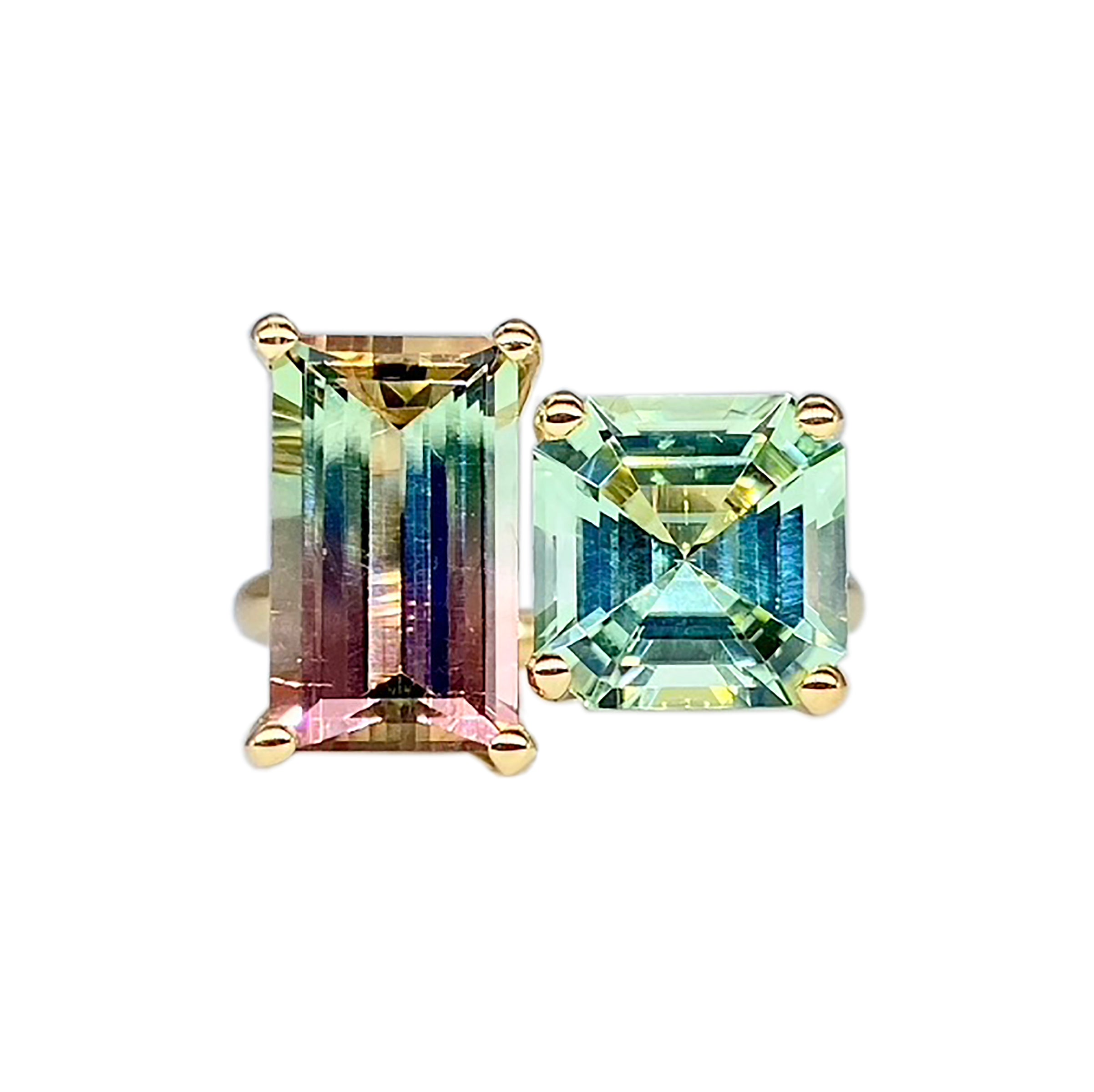One of a Kind Bold 2-Stone Ring with Bi-Color Tourmaline & Light Green Tourmaline