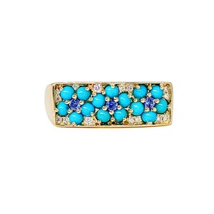 Turquoise & Blue Sapphire Sleeping Beauty Floral Diamond Signet Ring