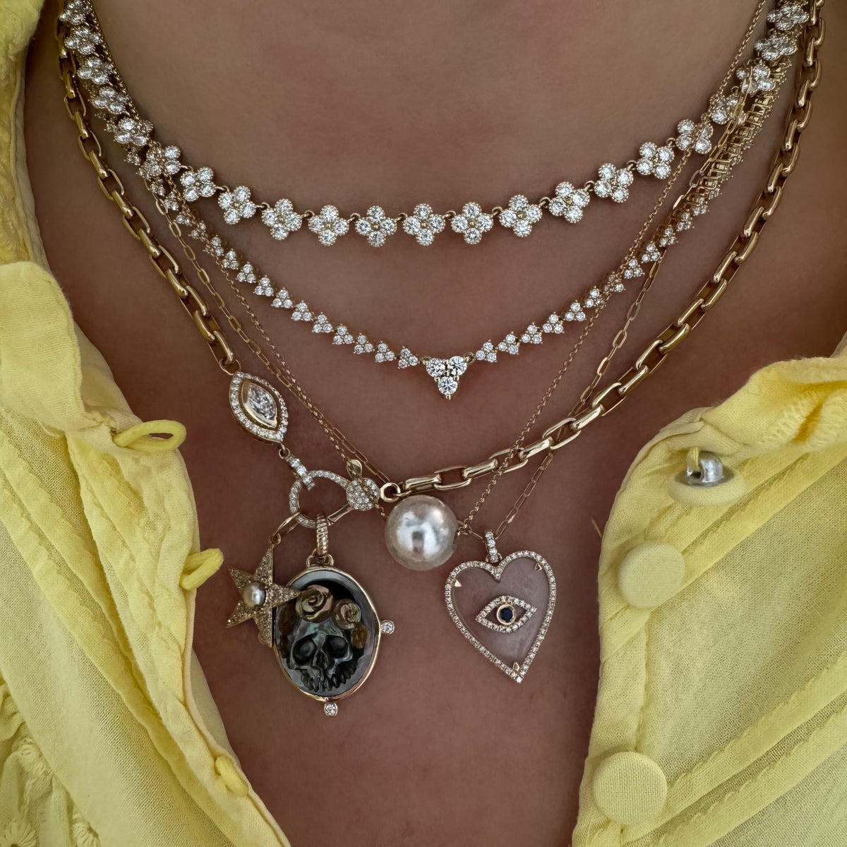 Round Bezel Set Diamond Clover Clusters Tennis Necklace 