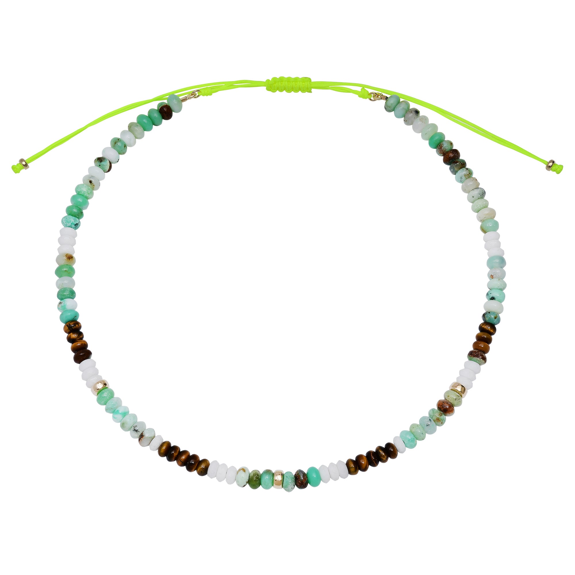 Chrysoprase, White Opal, & Tigers Eye Adjustable Beaded Necklace with Gold Beads