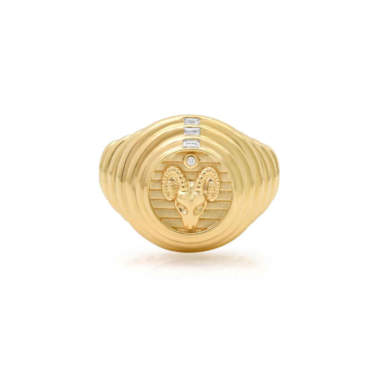 Diamond & Fluted Gold Zodiac Medallion Signet Ring