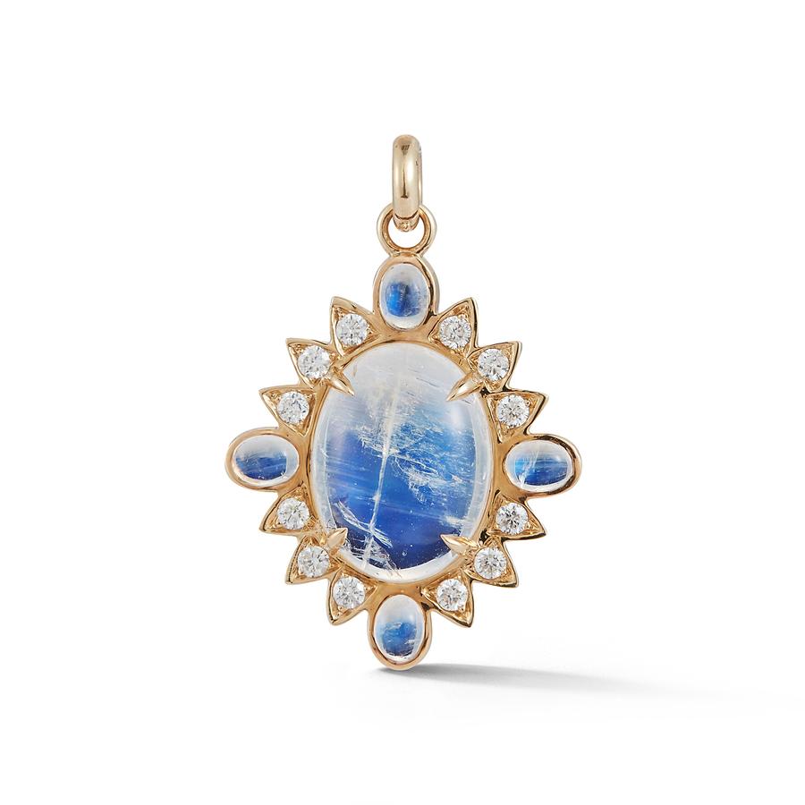 14K Gold Rainbow Moonstone and Diamond Quatrefoil Charm Pendant