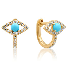 Turquoise and Diamond Evil Eye Protection Huggie Earrings