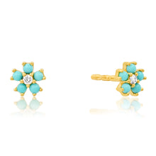 Turquoise and Diamond Flower Stud Earrings
