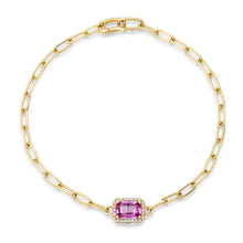 Emerald Cut Pink Sapphire with Diamond Halo on Paperclip Chain Bracelet