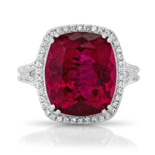 One of a Kind Cushion Cut Rubellite Ring with Diamond Halo