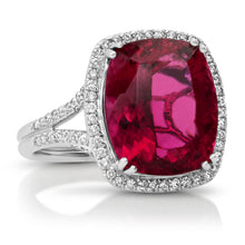One of a Kind Cushion Cut Rubellite Ring with Diamond Halo