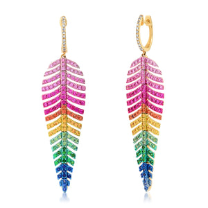 Bold Rainbow Gemstone Fancy Feather Drop Earrings
