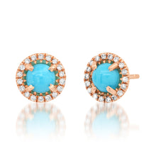 Round Turquoise Stud Earrings with Diamond Frame