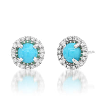 Round Turquoise Stud Earrings with Diamond Frame