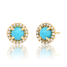 Round Turquoise Stud Earrings with Diamond Frame
