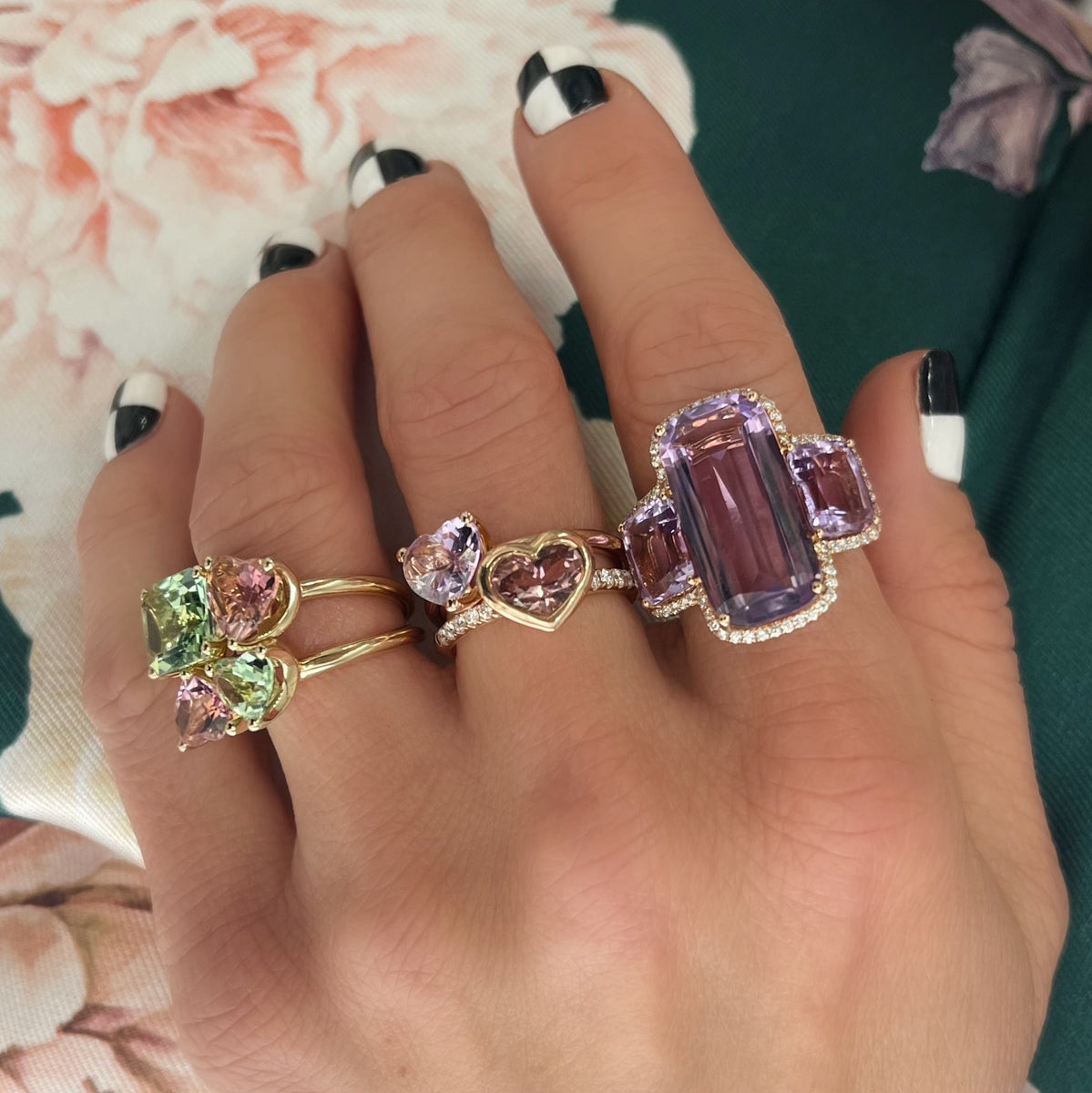 One of a Kind Bold 2-Stone Ring with Green Tourmaline & Pink