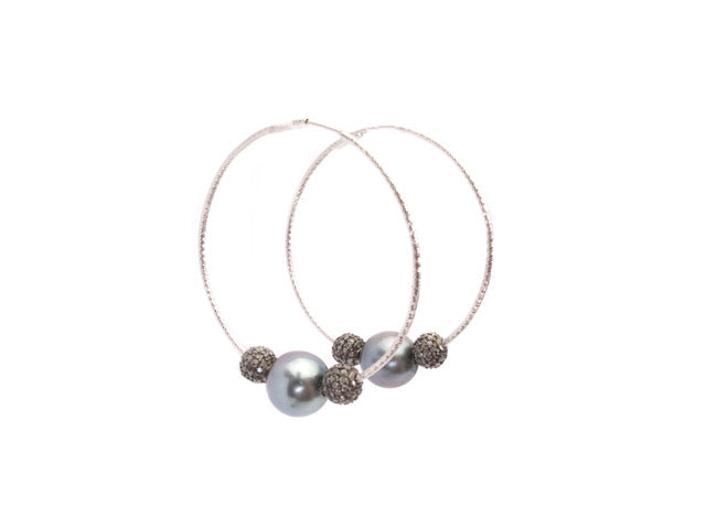 Tahitian Pearl with Diamond Balls Hoops