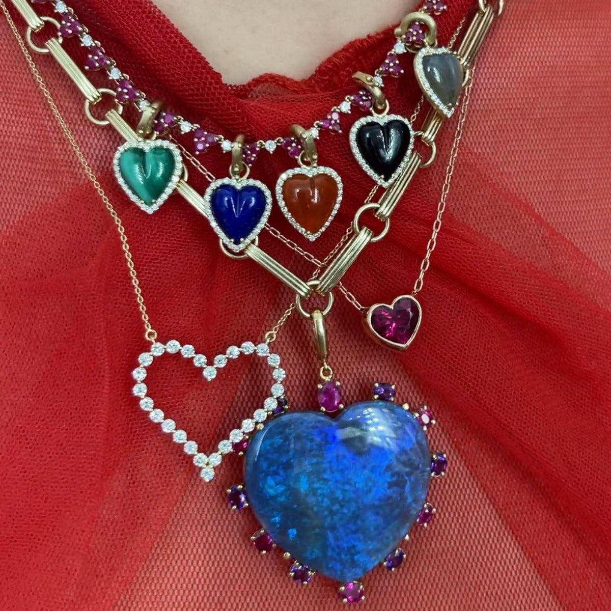 ★HAS★ 2 set HW006 Heart red bead layered necklace 2 set] HW006 Heart & red bead layered necklace - 감도 깊은