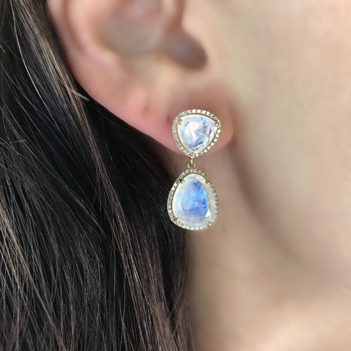 Double Moonstone with Diamond Halo Drop Earrings Milestones by