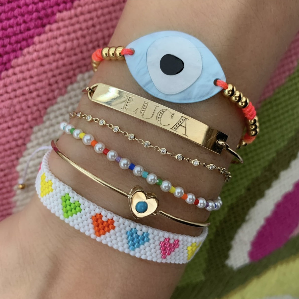 Mother of Pearl Evil Eye On Gold Filled Beads & Rainbow Thread Bracele –  Milestones by Ashleigh Bergman