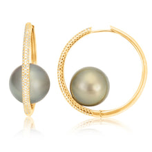 Pave Diamond Large Orbit Hoop Earrings with Tahitian Pearll