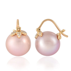 Pink Edition Floating Pearl Earring with Triple Diamond Leaf Hook