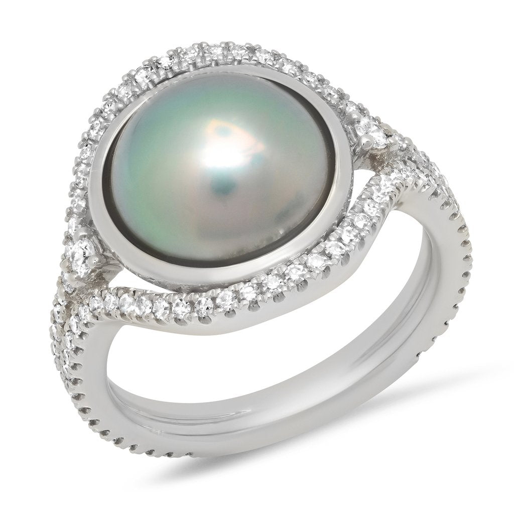 Tahitian Pearl Slice Ring with Diamond Frame and Split Shank