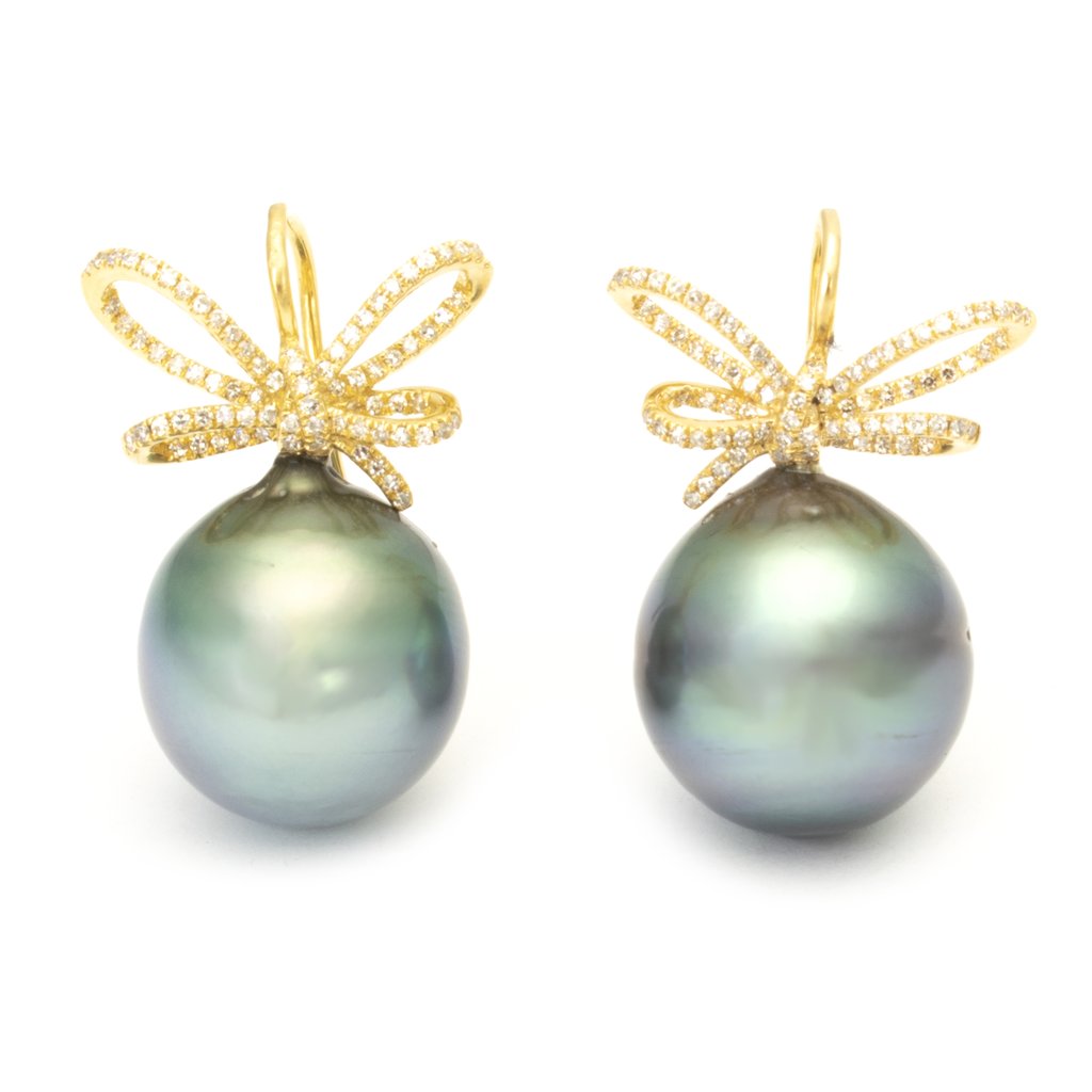 Diamond Bow Earrings with Tahitian Pearl Drop
