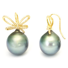 Diamond Bow Earrings with Tahitian Pearl Drop