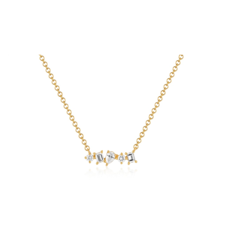 14kt gold teardrop diamond rainbow quartz crystal bar necklace
