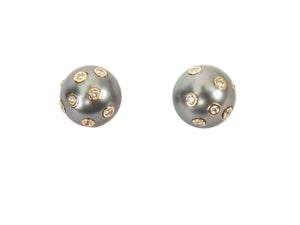 Tahitian Pearl with Encrusted Diamonds Stud Earrings