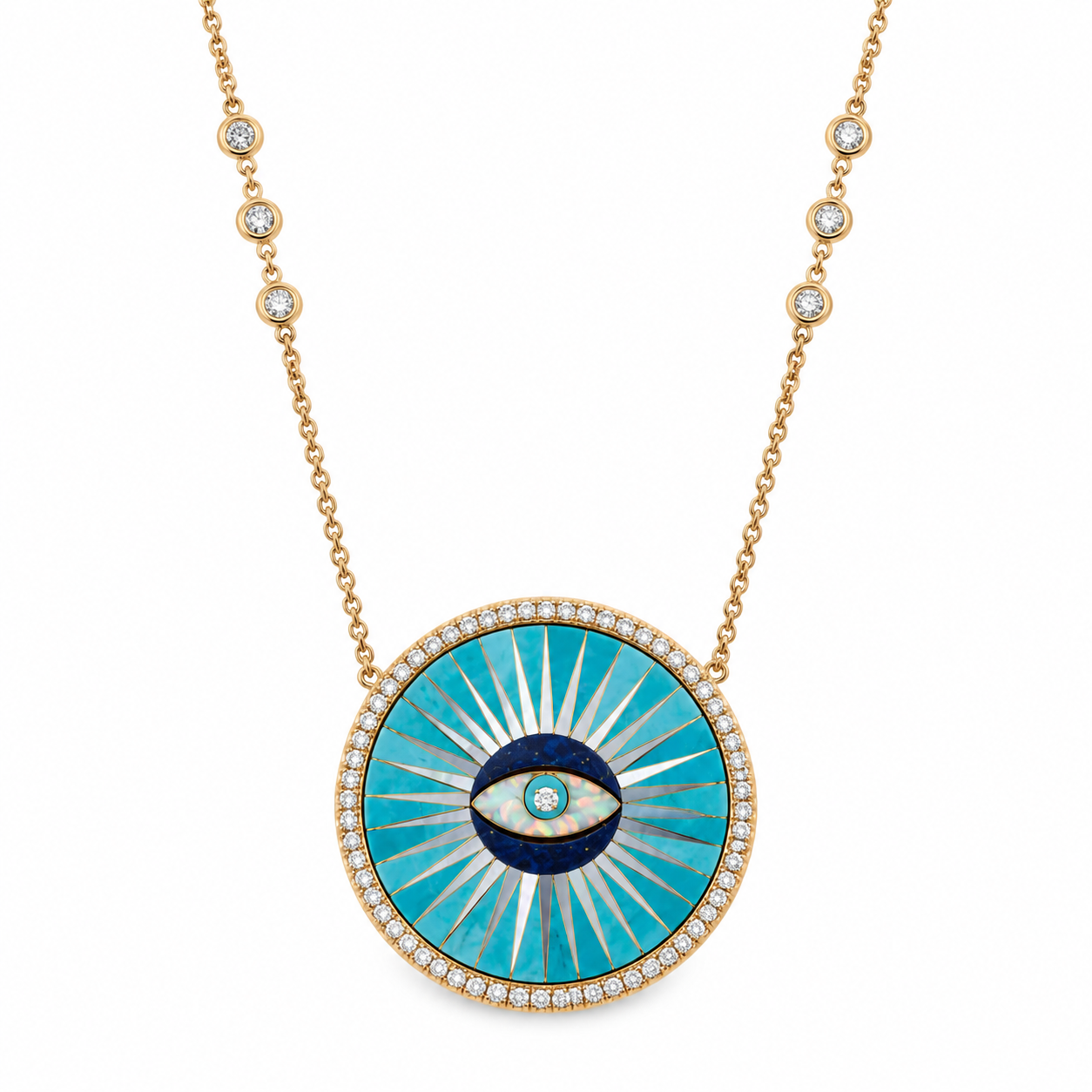 Opal & Turquoise Eye Burst Inlay Necklace with Pave Diamonds