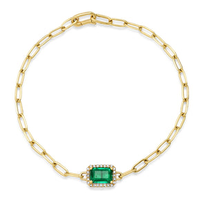 Emerald Cut Emerald with Diamond Halo on Paperclip Chain Bracelet