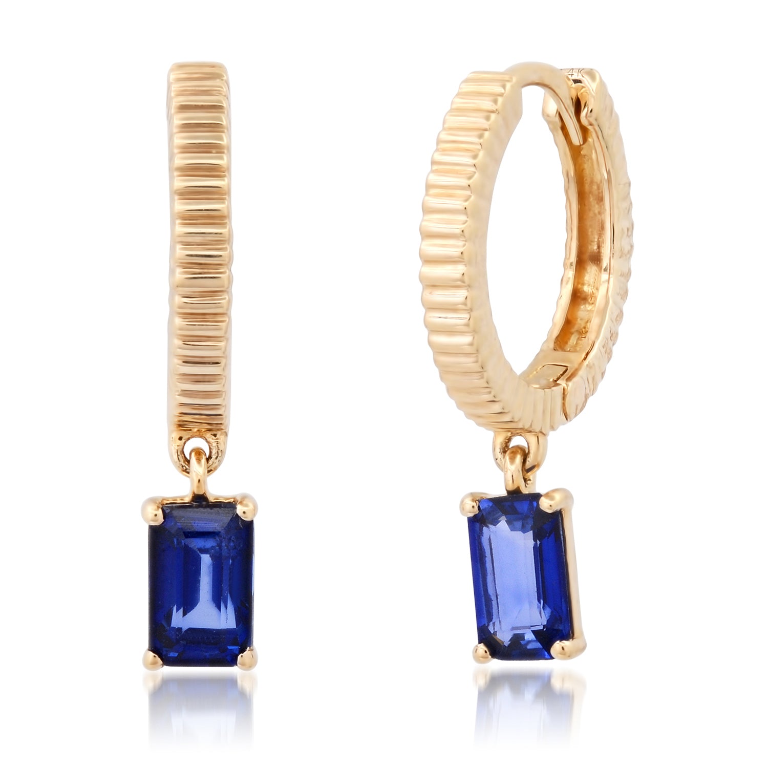 Fluted Huggie Earrings with Emerald Cut Sapphire Drop