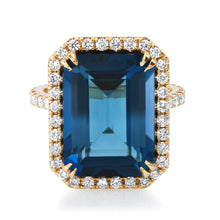 One of a Kind Emerald Cut London Blue Topaz Ring with Diamond Frame