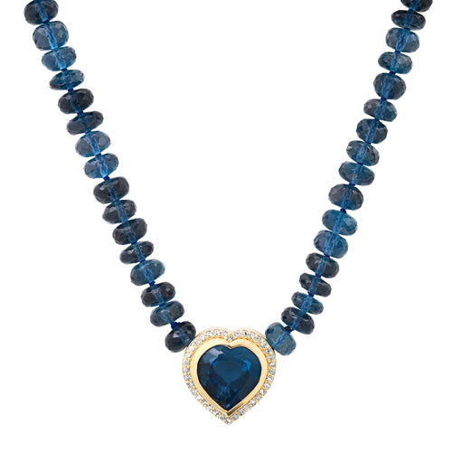London Blue Topaz Heart Necklace with Diamond Frame