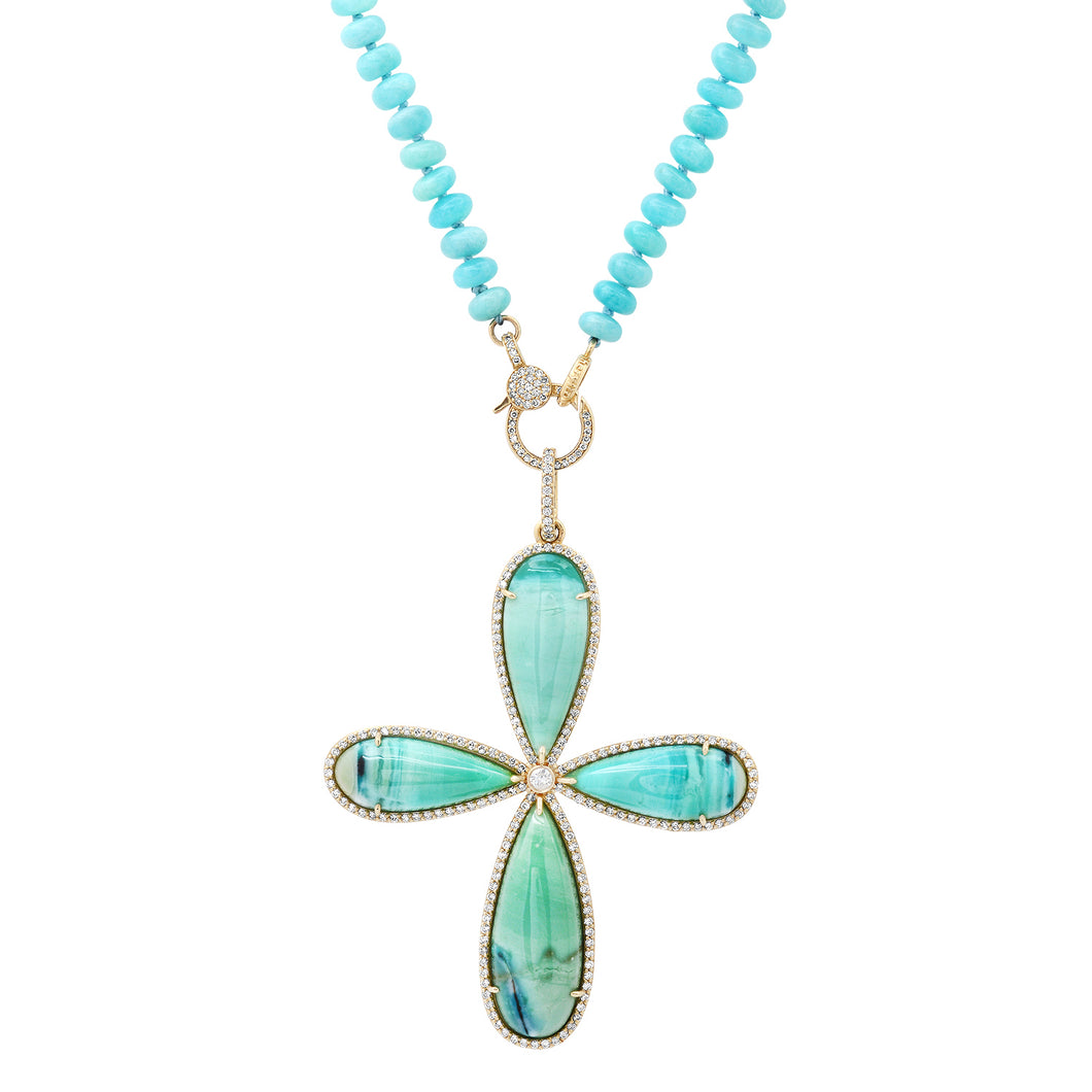 One of a Kind Indonesian Opal Cross Pendant with Amazonite Knotted Necklace