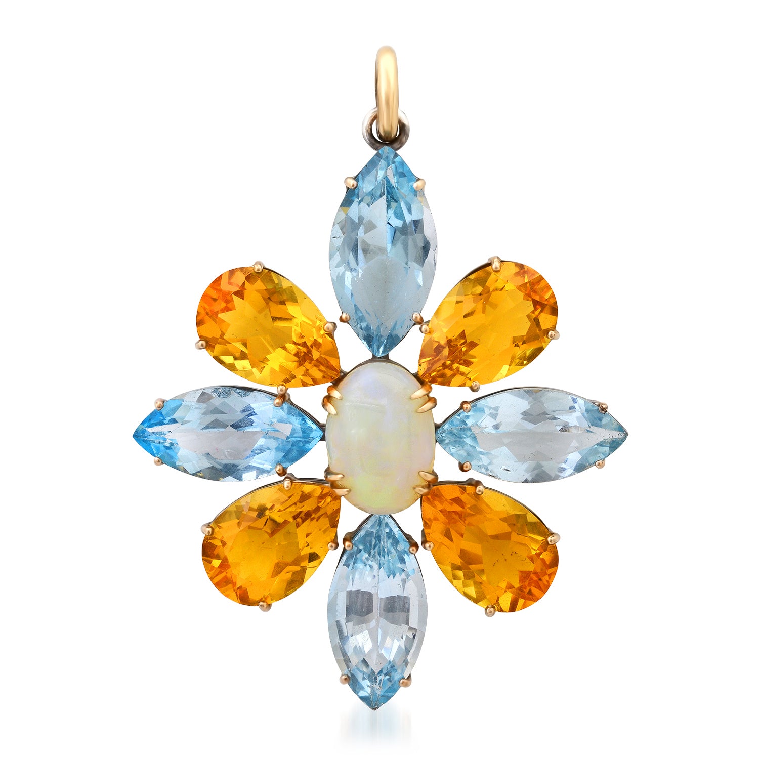 Blue Topaz & Citrine Flower Pendant with Opal Center