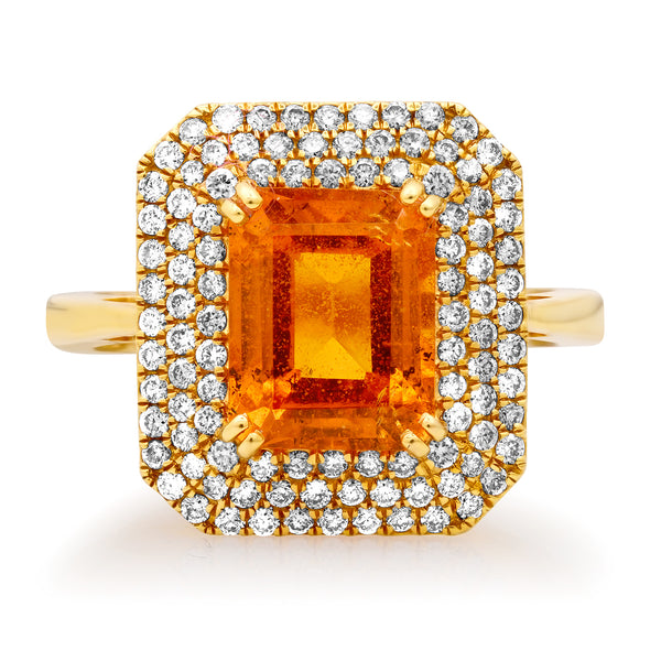 Emerald Cut Orange Garnet with Diamond Border Ring
