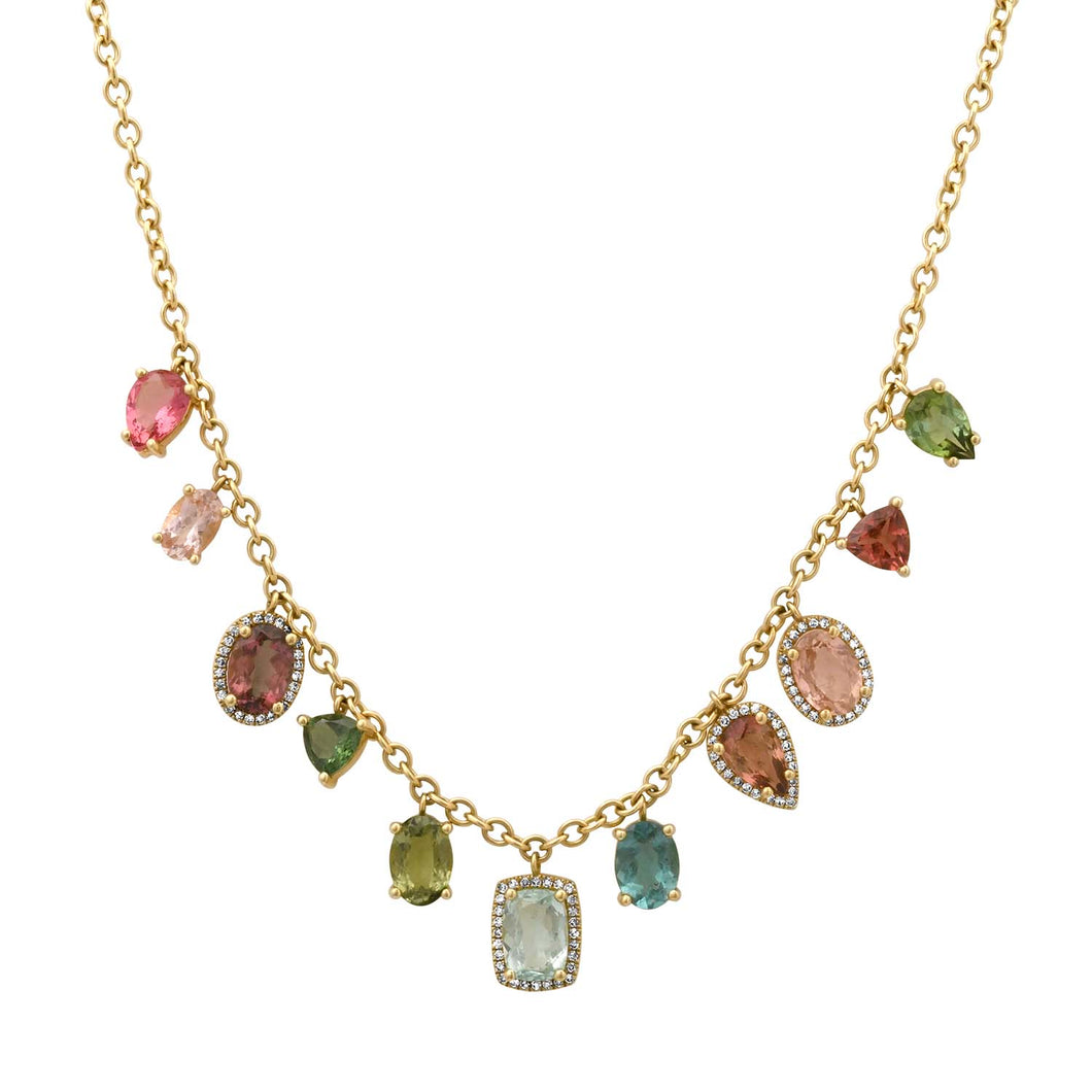 One of a Kind Multi Tourmaline & Diamond Drop Necklace