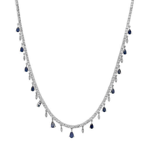 Diamond Tennis Necklace with Diamond & Blue Sapphire Dangles